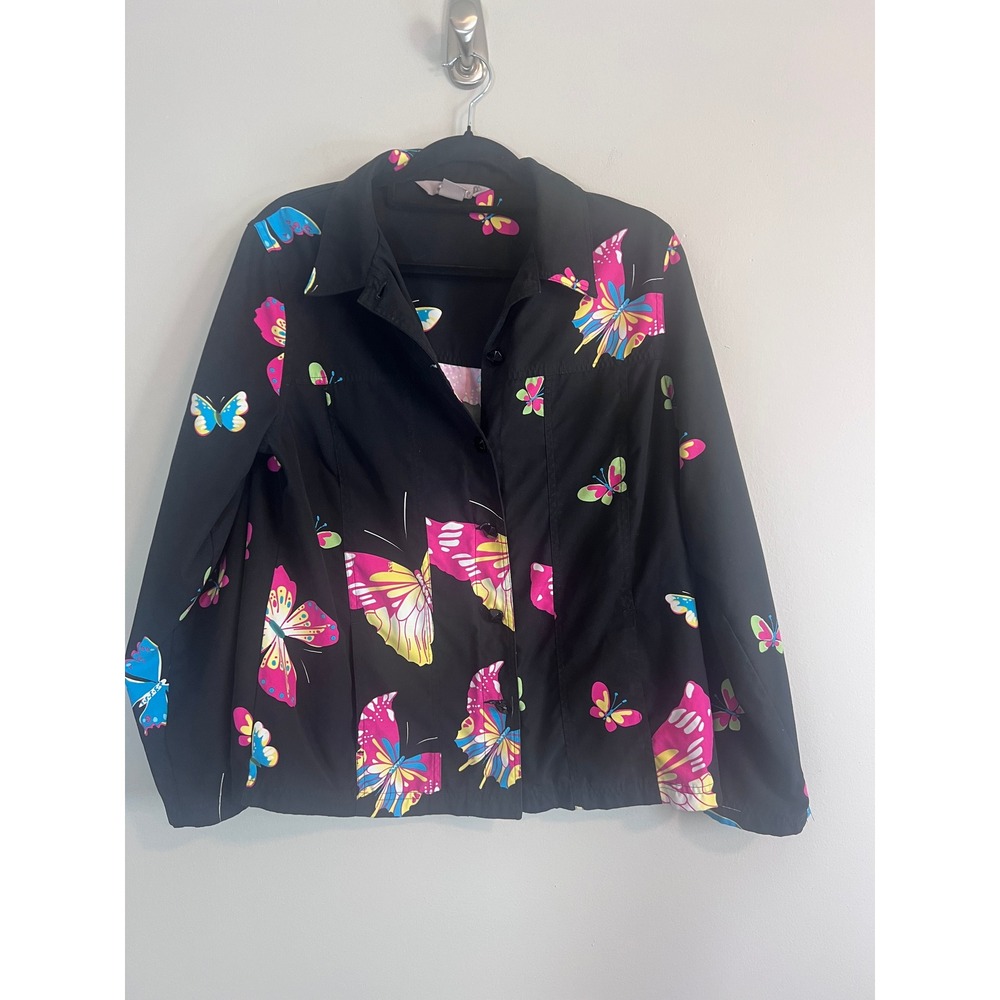 TanJay Womens Black Butterfly Print Button Front Jacket Pockets M D4G18544B